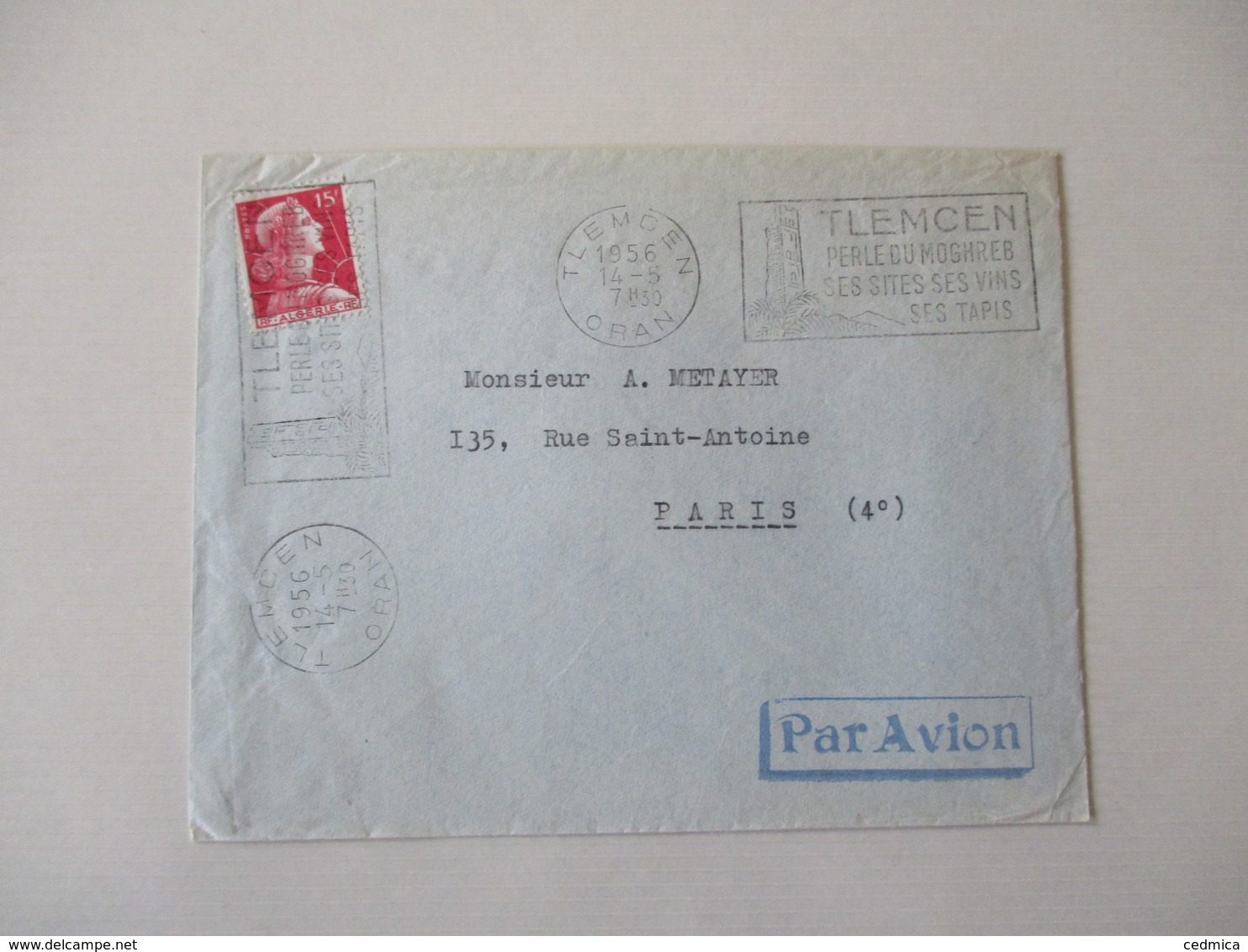 TLEMCEM 1956 13-5 ORAN TLEMCEM PERLE DU MOGHREB SES SITES SES VINS SES TAPIS TIMBRE 15F RF ALGERIE - Covers & Documents