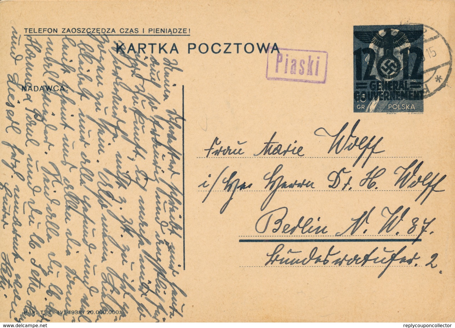 GENERALG. / PIASKI  / LUBLIN - 31.7.1940 , Polnische Ganzsache (Druckdatum VI-1938 !) Mit Überdruck - Nach Berlin-Moabit - Besetzungen 1938-45