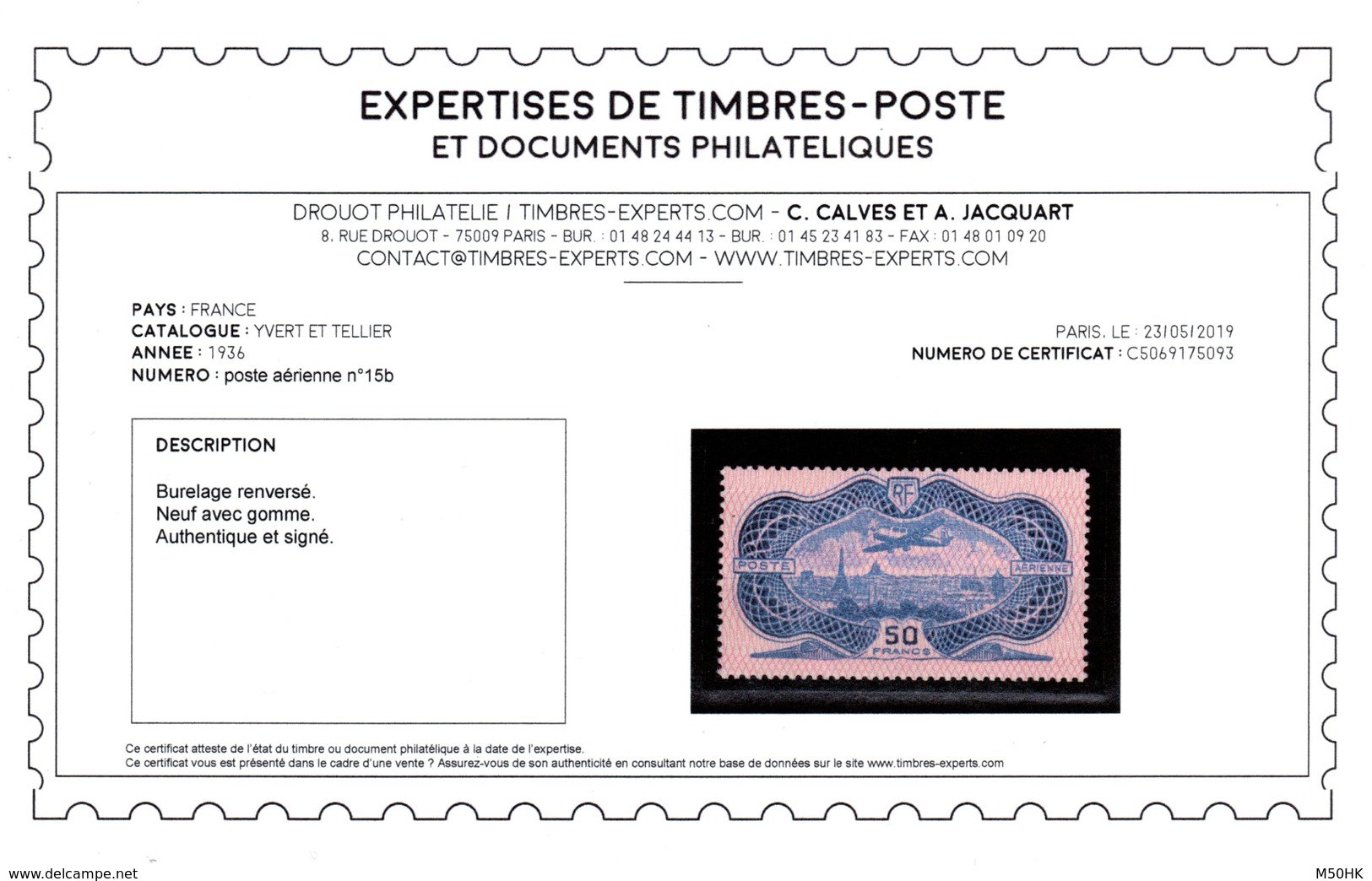 YV 15 N* (trace) Signé Calvés + Certificat , Caudron Simoun Sur Paris Cote 800 Euros - 1927-1959 Ungebraucht