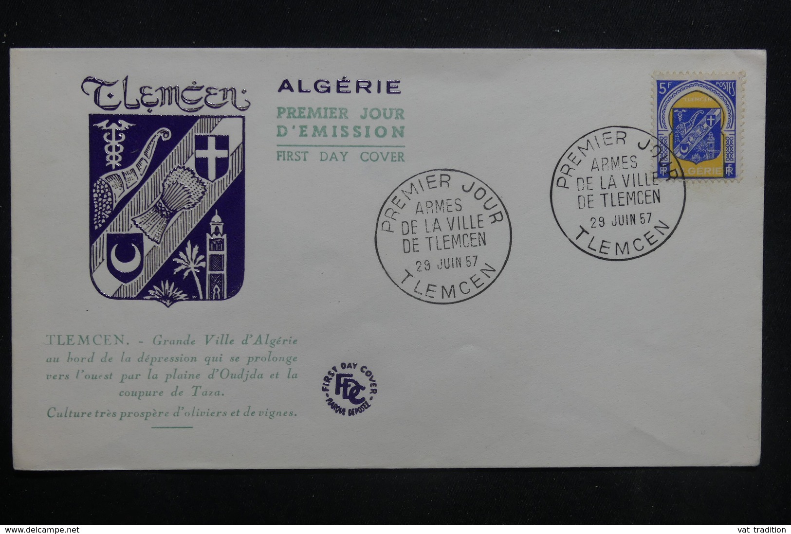 ALGÉRIE - Enveloppe FDC En 1957- Armes De Tlemcen - L 36891 - FDC