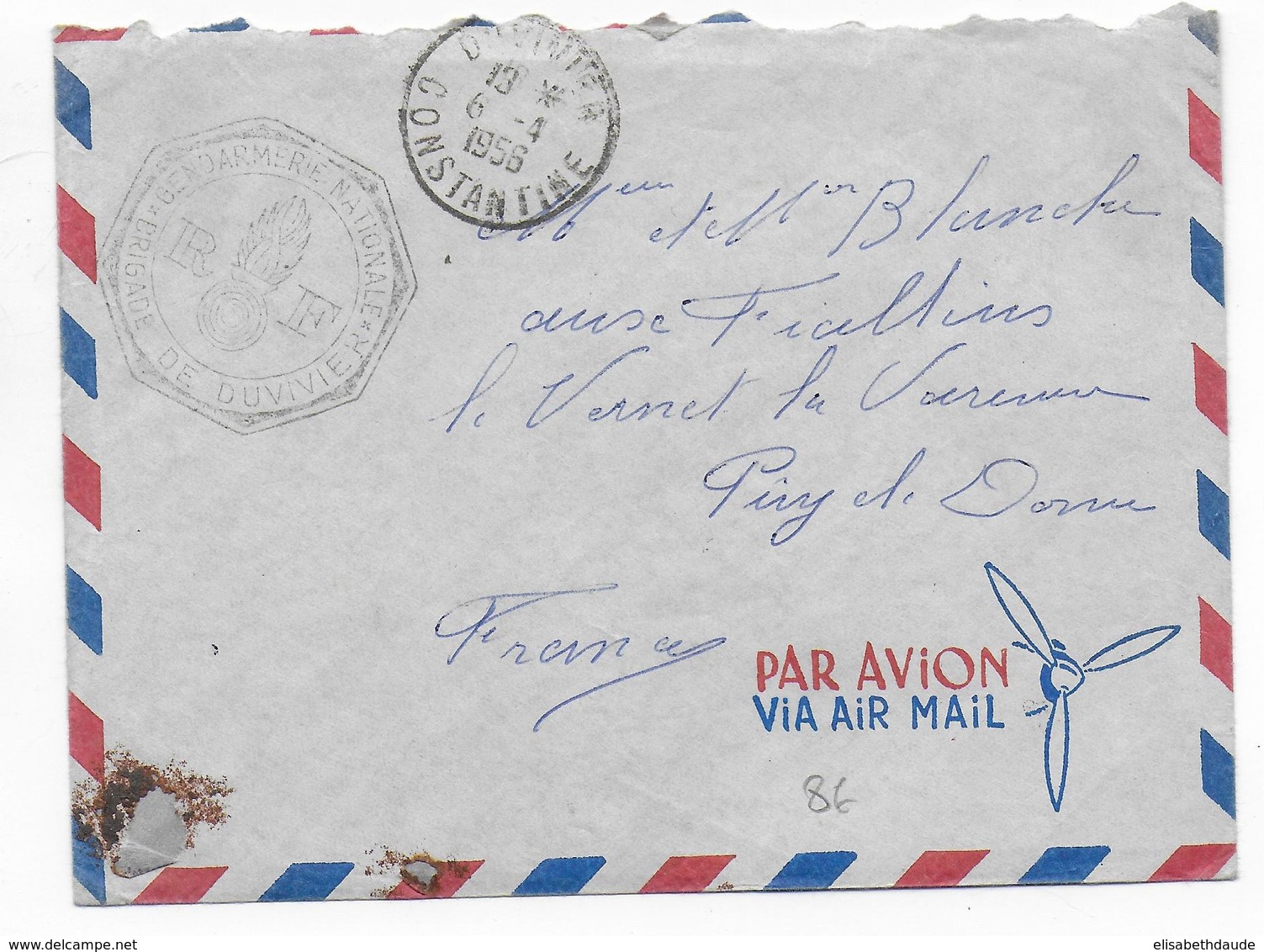 1956 - GUERRE ALGERIE - ENVELOPPE FM Par AVION De La GENDARMERIE De DUVIVIER => FRANCE - Guerre D'Algérie