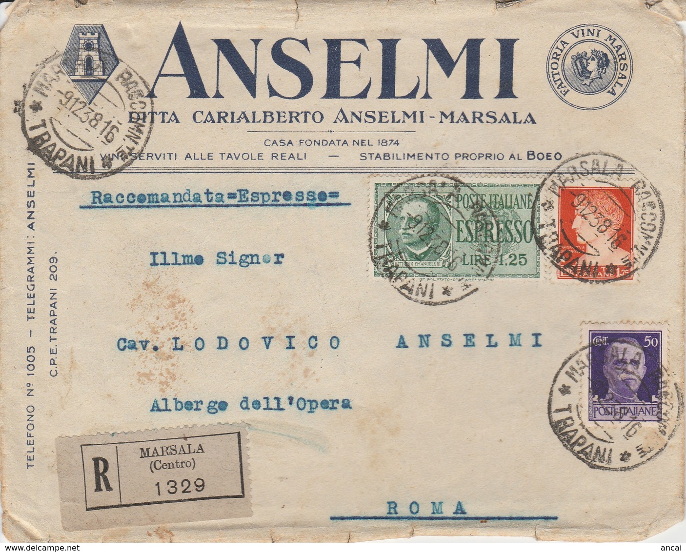 Marsala. 1938. Annullo Guller MARSALA RACCOMANDATE *TRAPANI*, Su Busta R Intestata ANSELMI. Al Verso Chiudilettera. - Storia Postale