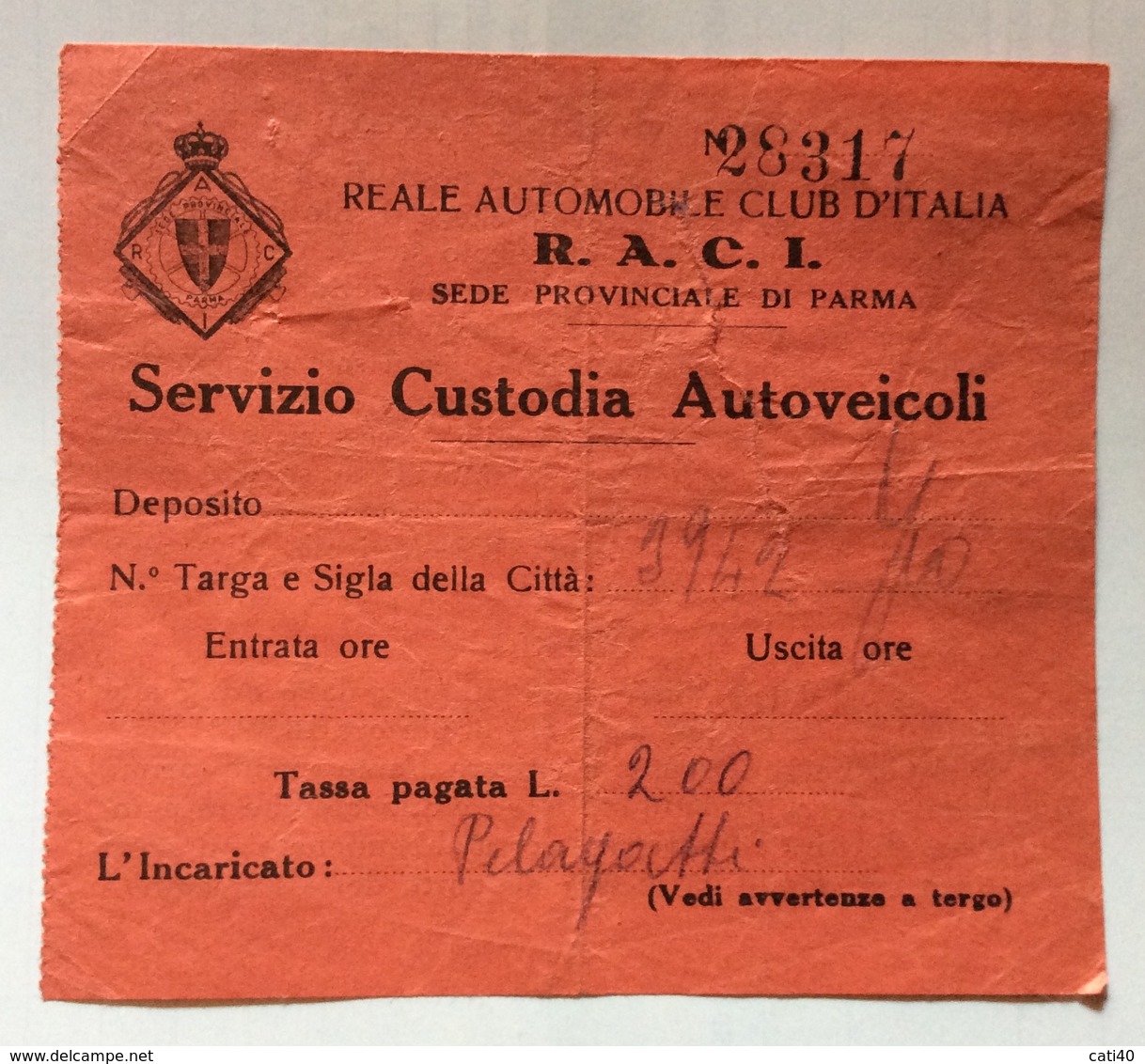 BIGLIETTO R.A.C.I. REALE AUTOMOBIL CLUB PARMA  SERVIZIO CUSTODIA - Europa