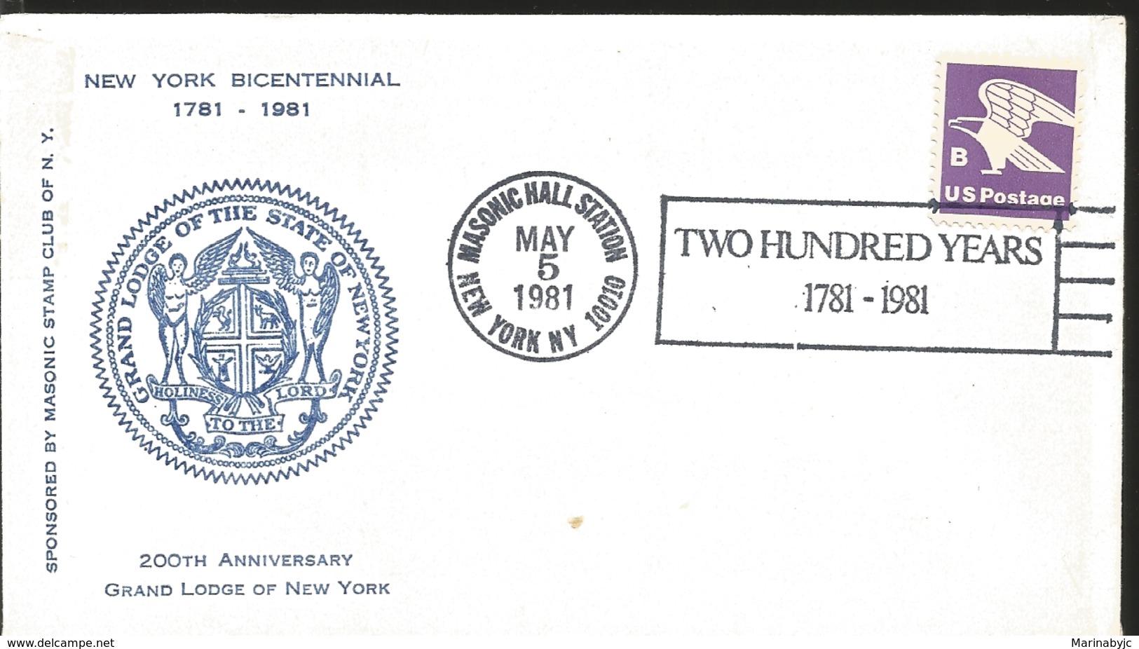 J) 1981 UNITED STATES, 200TH ANNIVERSARY THE GRAND LODGE OF NEW YORK,  MASONIC HALL STATION NEW YORK, TWO HUNDRED YEARS, - Autres & Non Classés