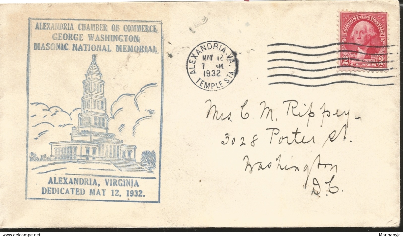 J) 1932 UNITED STATES, ALEXANDRIA CHAMBER OF COMERCE GEORGE WASHINGTON MASONIC NATIONAL MEMORIAL, BLUE CANCELLATION, GEO - Altri & Non Classificati