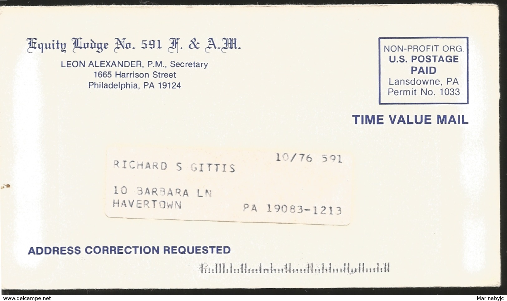 J) 1984 UNITED STATES, EQUITY LODGE N°591 F&AM CIRCULATED COVER, FROM PHILADELPHIA TO HAVERTON - Andere & Zonder Classificatie