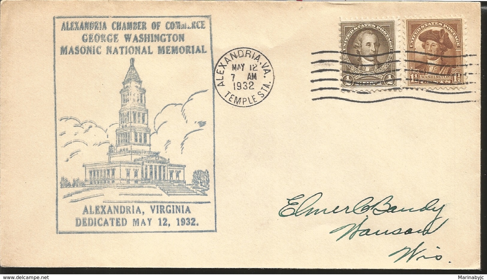 J) 1932 UNITED STATES, WASHINGTON MULTIPLE STAMPS, ALEXANDRIA CHAMBER OF COMERCE GEORGE WASHINGTON MASONIC NATIONAL MEMO - Otros & Sin Clasificación