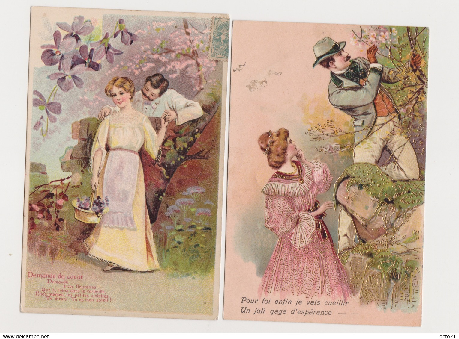 2 Cartes Fantaisie Gaufrées / Couples , Cueillette De Fleurs - Couples