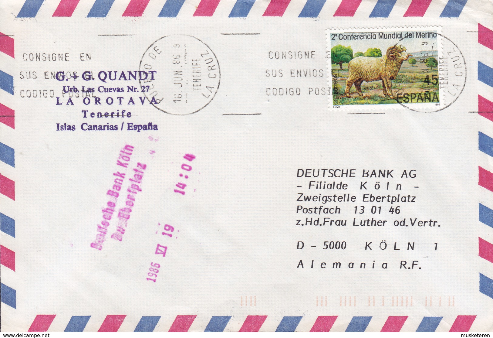 Spain G. + G. QUANDT La Orotava Tenerife Islas Canarias PUERTO DE LA CRUZ 1986 Cover Letra KÖLN Germany Schaf Sheep - Briefe U. Dokumente