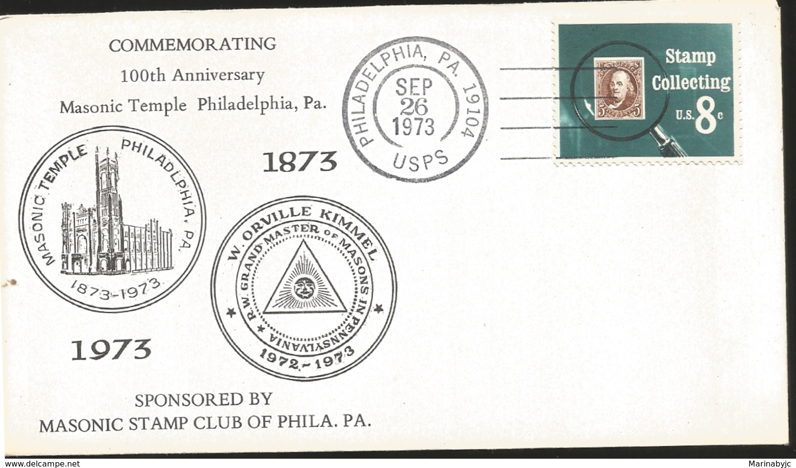J) 1973 UNITED STATES, COMMEMORATING 100th ANNIVERSARY MASONIC TEMPLE PHILADELPHIA, SPONSORED BY MASONIC STAMP CLUB OF P - Other & Unclassified
