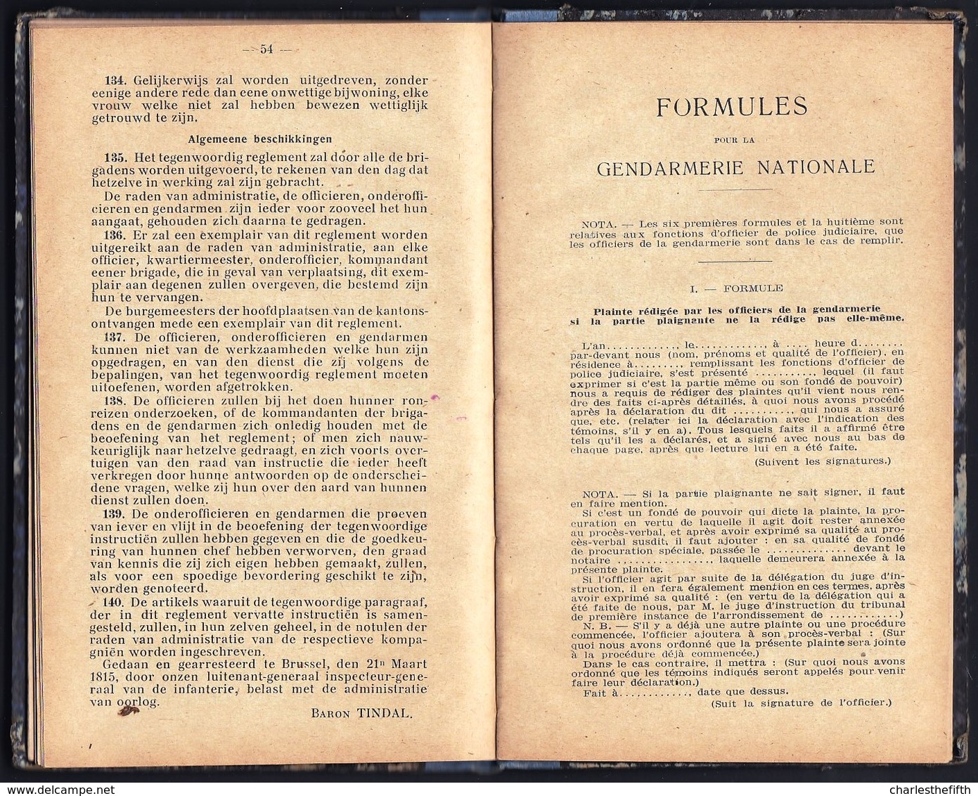 LIVRET REGLEMENT DE DISCIPLINE CHEZ LA POLICE ET FORMULES Pour LA GENDARMERIE DE 1921 Néerlandais Et Français - RARE !!! - Documents Historiques