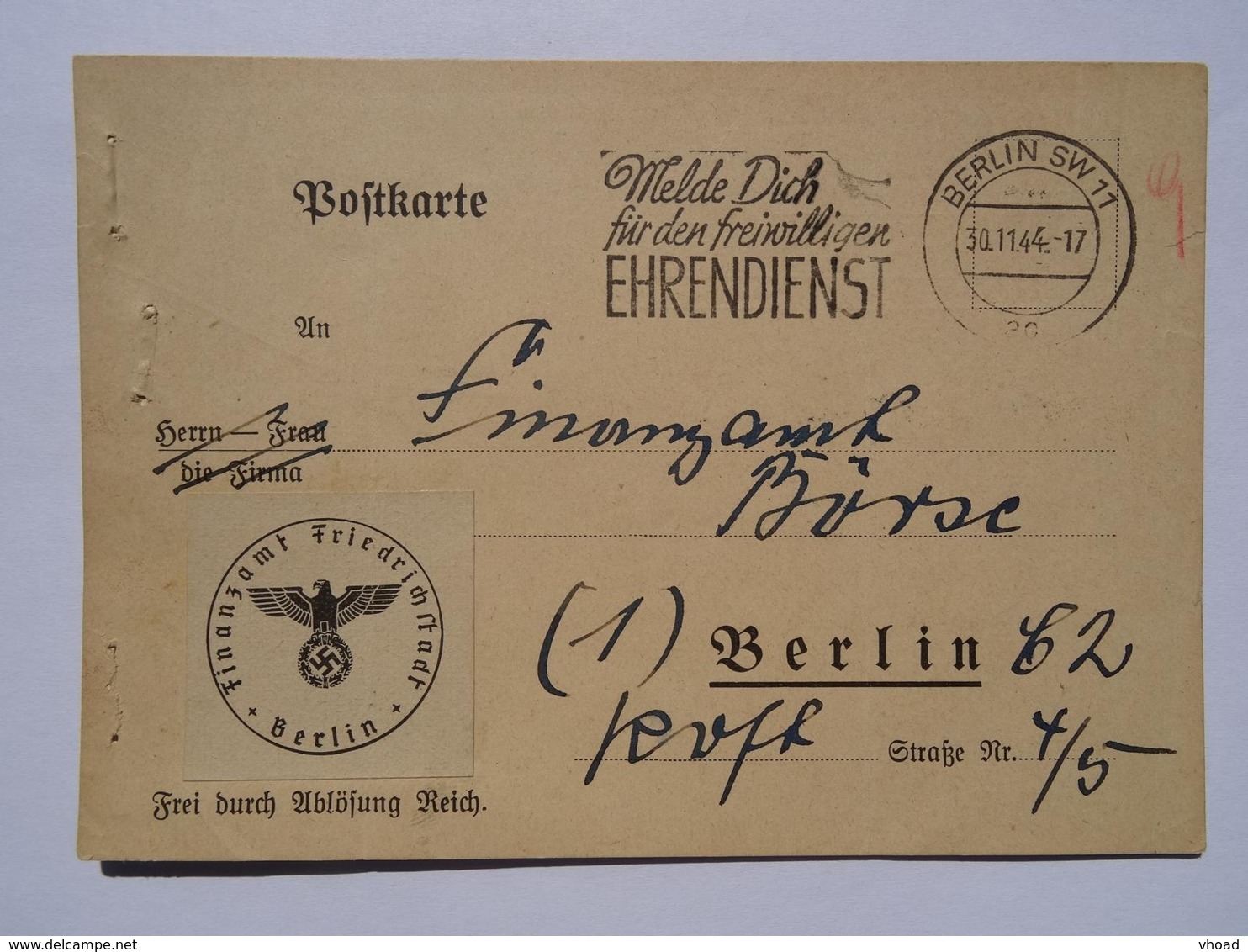 1944 DR Postkarte Pmk Freiwilliger Ehrendienst - Covers & Documents