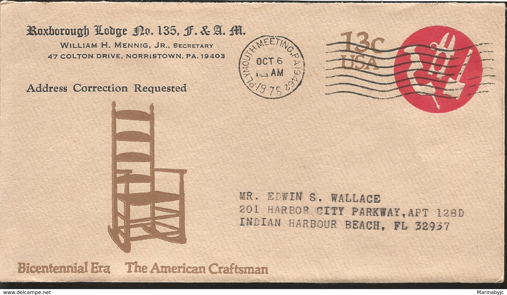 J) 1976 UNITED STATES, ROXBOROUGH LODGE N°135 F&AM, CHAIR, BICENTENNIAL ERA THE AMERICAN CRAFTSMAN, CIRCULATED COVER, FR - Autres & Non Classés