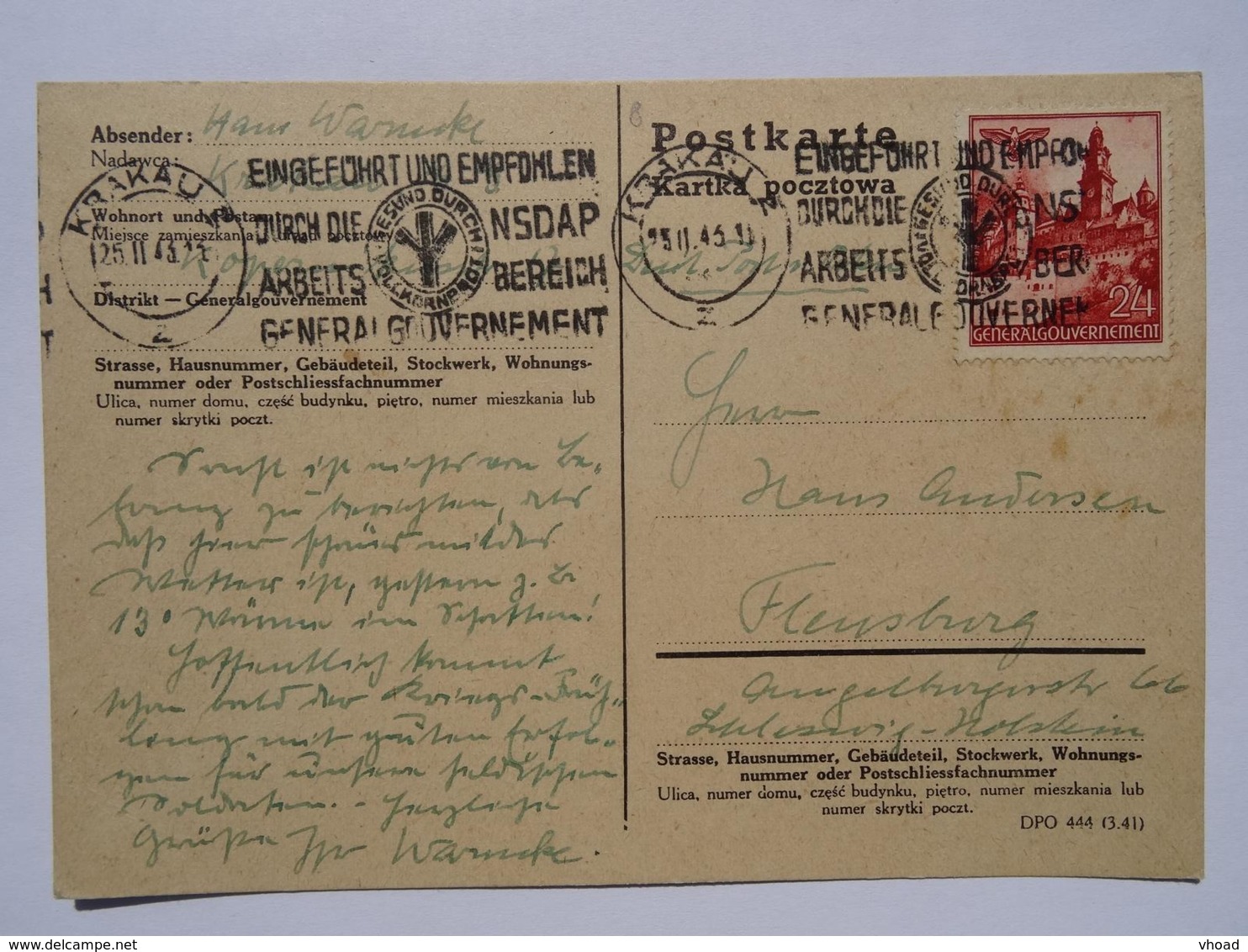 1943 DR Postkarte Krakau Pmk NSDAP Arbeitsbereich Generalgouvernement - Lettres & Documents