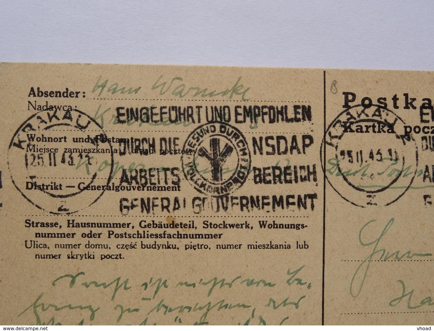 1943 DR Postkarte Krakau Pmk NSDAP Arbeitsbereich Generalgouvernement - Covers & Documents