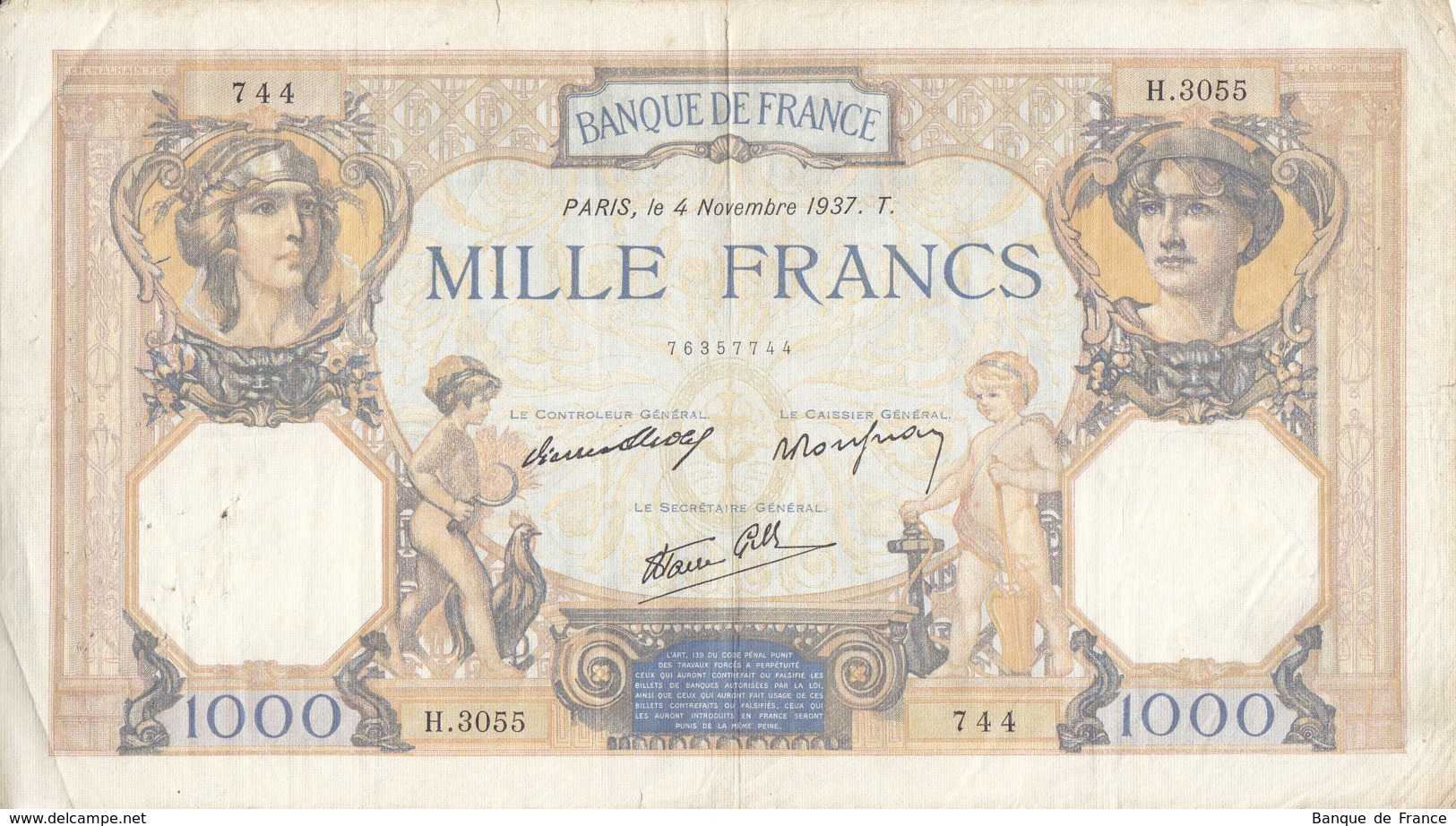 Billet 1000 F Cérès Et Mercure Du 4 Novembre 1937 FAY 38.04 Alph. H.3055 - 1 000 F 1927-1940 ''Cérès Et Mercure''