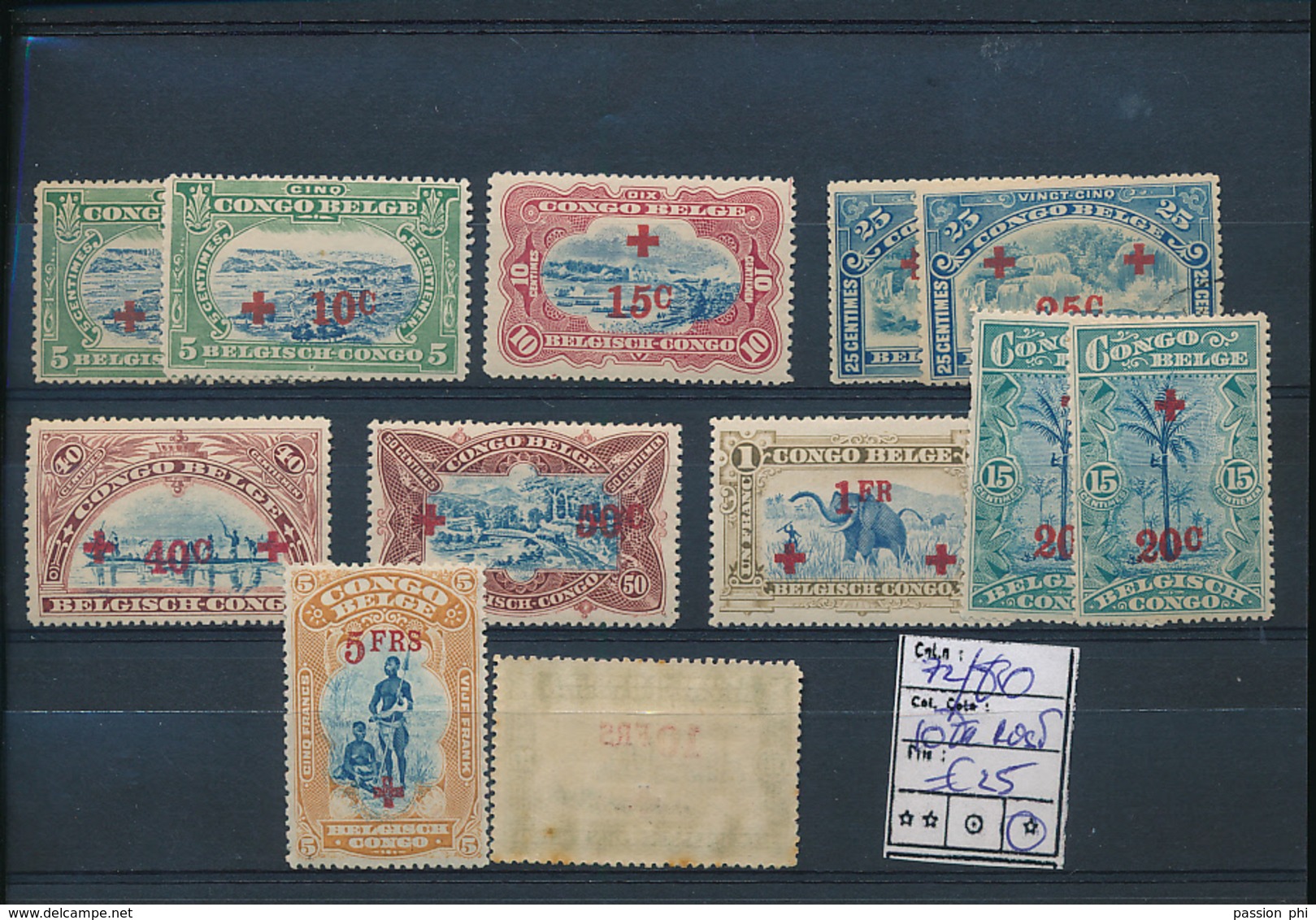 BELGIAN CONGO 1918 ISSUE RED CROSS COB 72/80 RUST ON THE 10FR LH - Unused Stamps