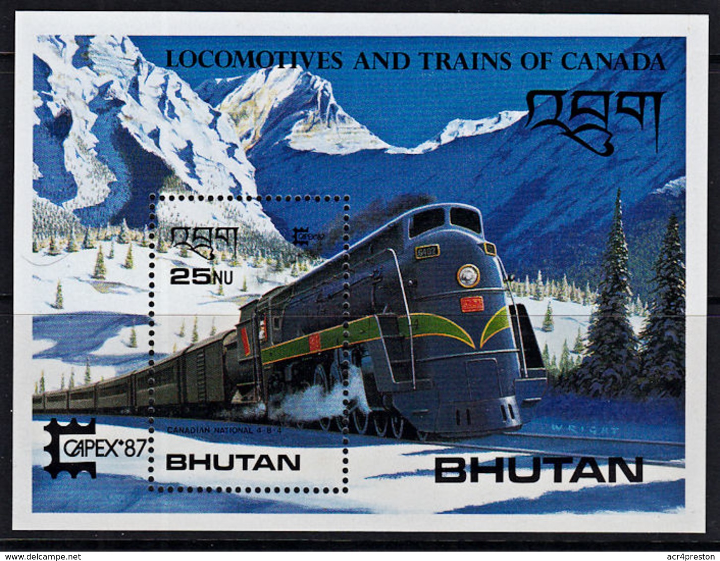 B0516 BHUTAN 1987, SG MS703b 'CAPEX' Stamp Exhibition, Canadian Railway Locomotives,  MNH - Bhután