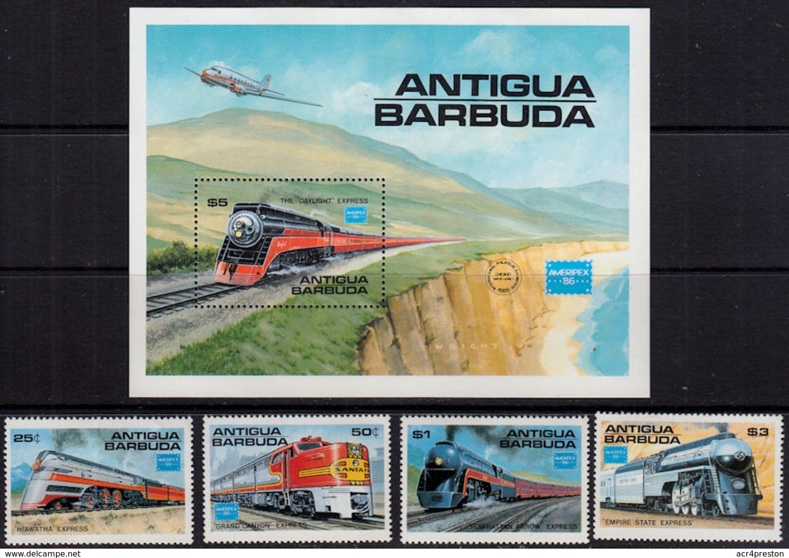 A5235 ANTIGUA BARBUDA 1986, SG 1014-MS1018  Ameripex '86, Famous American Trains,  MNH - Antigua Y Barbuda (1981-...)