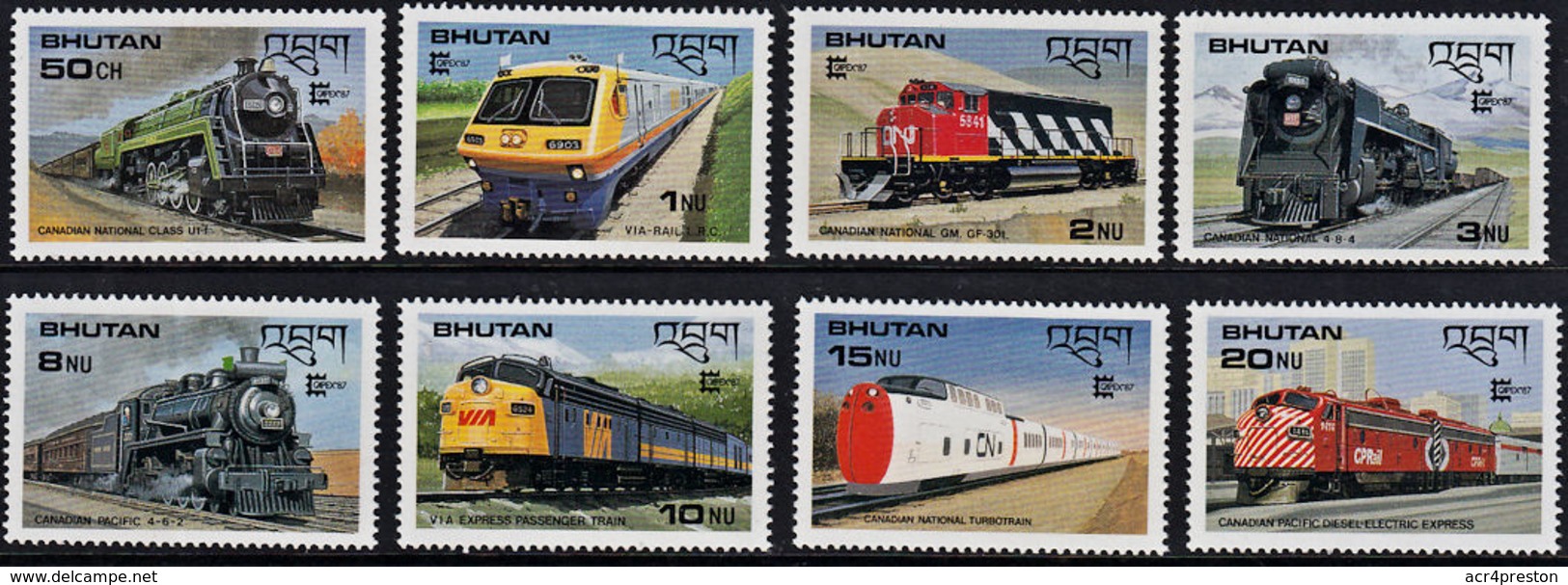 C5090 BHUTAN 1987, SG 695-702 'CAPEX' Stamp Exhibition, Canadian Railway Locomotives,  MNH - Bhutan