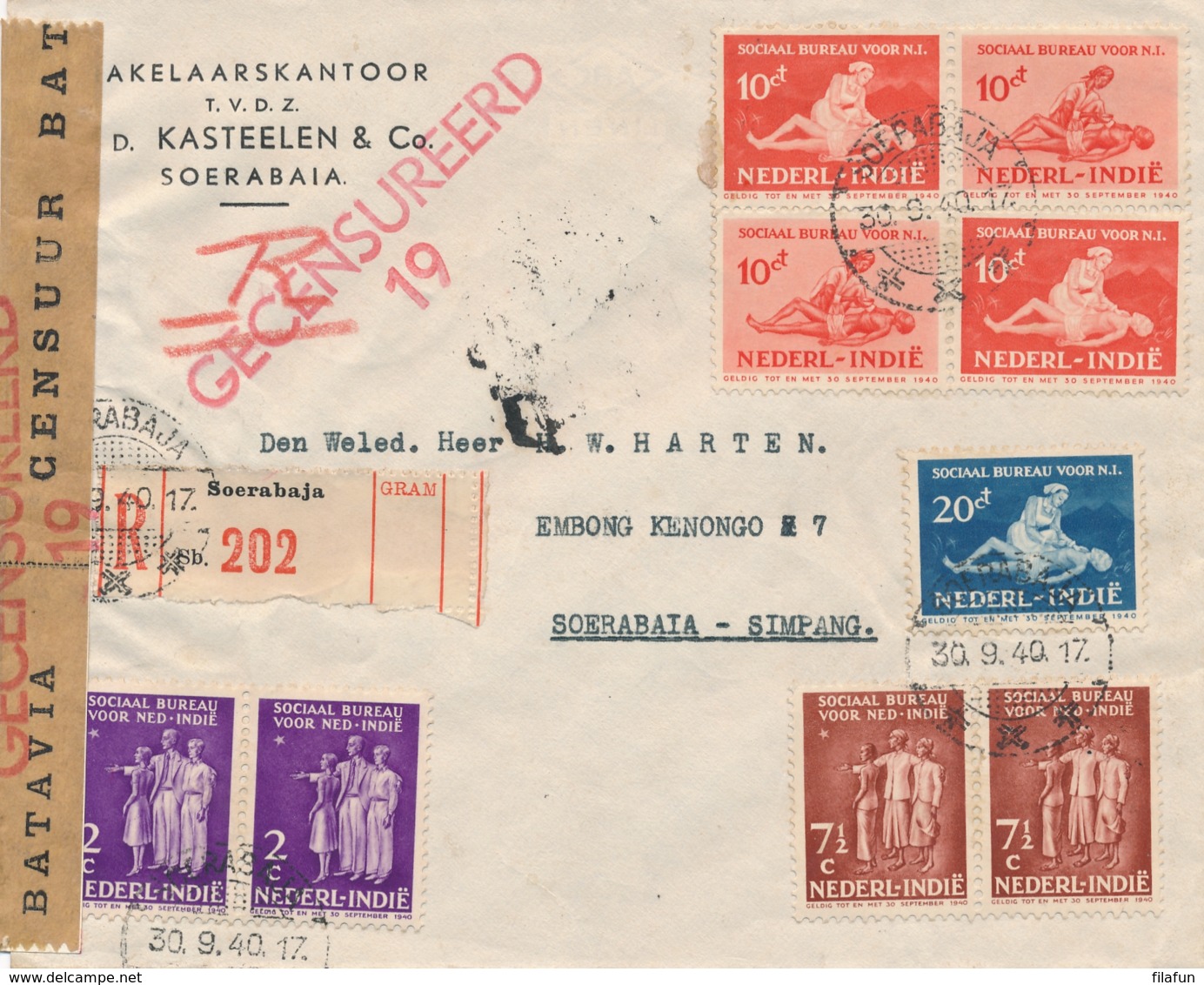 Nederlands Indië - 1940 - 9 Zegels Sociaaal Bureau Op Censored R-cover Van PV2 Soerabaja Naar LB Soerabaja Simpang - Niederländisch-Indien