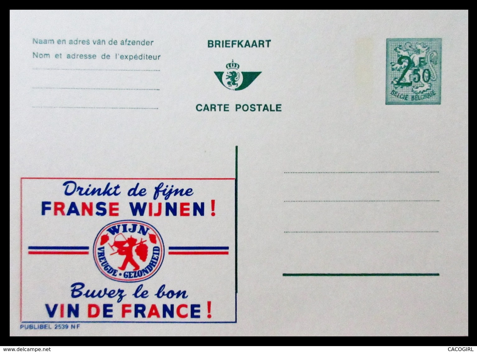 BELGIQUE ENTIER CP PUBLIBEL N° 2539 NF . FRANSE WIJNEN . BUVEZ LZ BON VIN DE FRANCE    . NEUF - Publibels