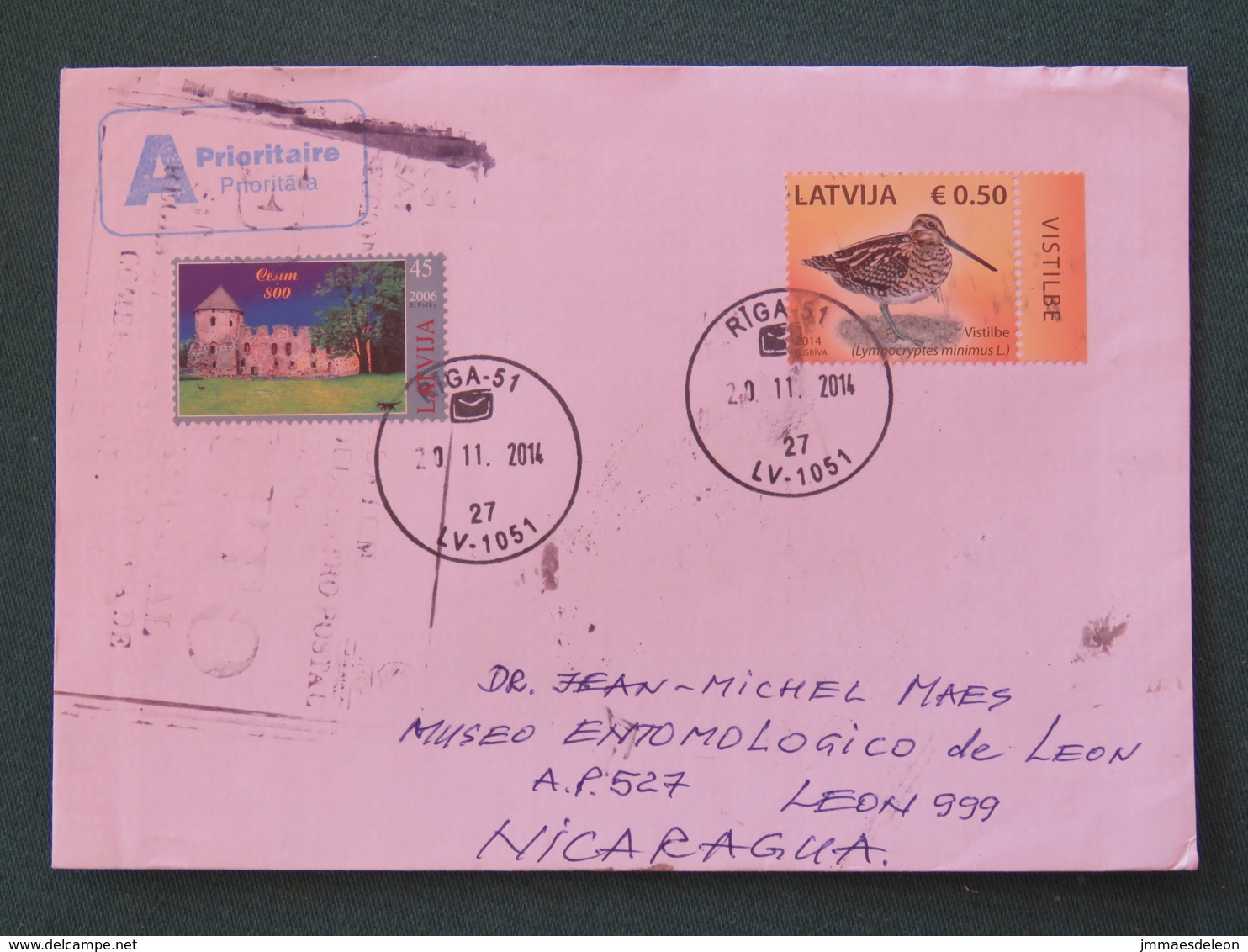 Letonia Latvia 2014 Cover To Nicaragua - Bird - Castle - Lettonie