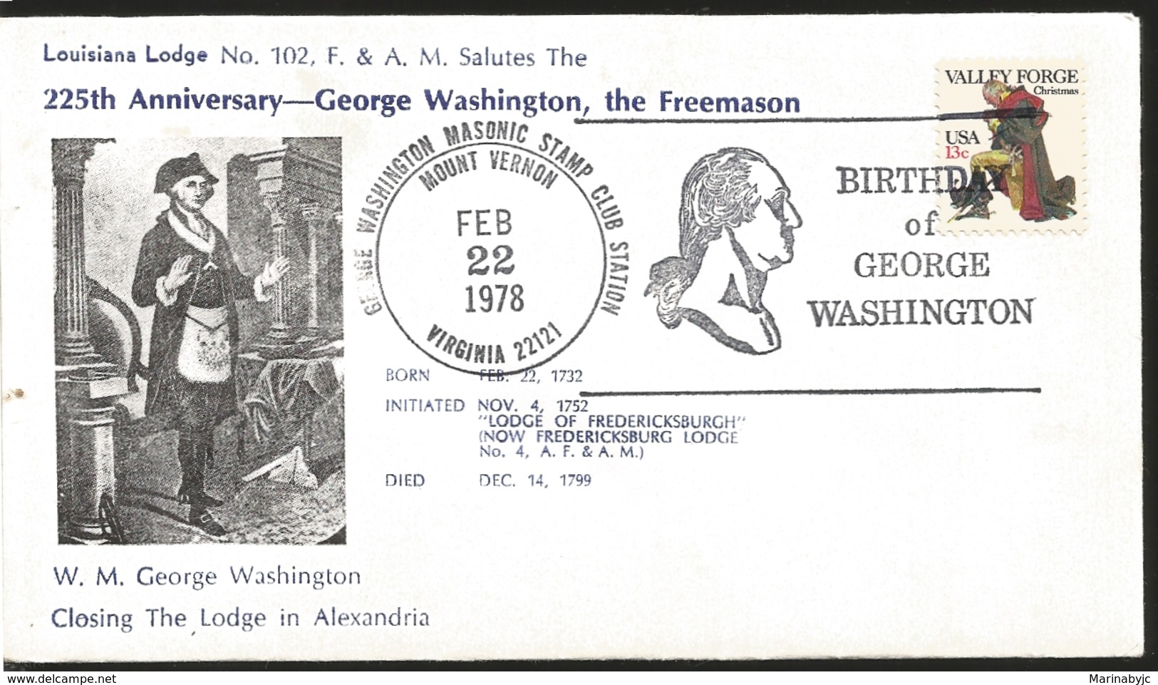 J) 1978 UNITED STATES, 225th ANNIVERSARY GEORGE WASHINGTON, THE FREEMASON, BIRTHDAY OF GEORGE WASHINGTON, FDC - Sonstige & Ohne Zuordnung