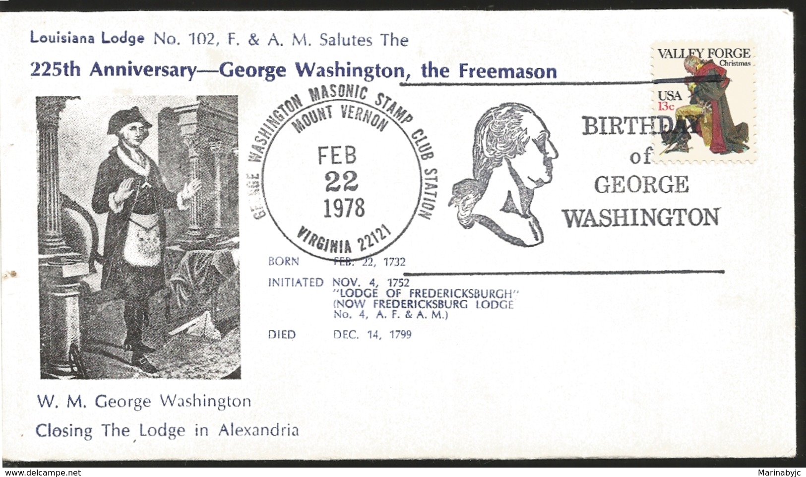 J) 1978 UNITED STATES, 225th ANNIVERSARY GEORGE WASHINGTON, THE FREEMASON, BIRTHDAY OF GEORGE WASHINGTON, FDC - Altri & Non Classificati