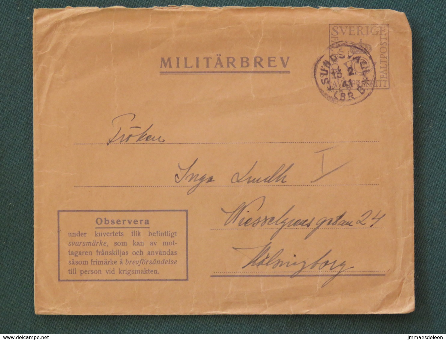 Sweden 1941 Military Army Cover Perhaps Sent From Germany - Militaire Zegels