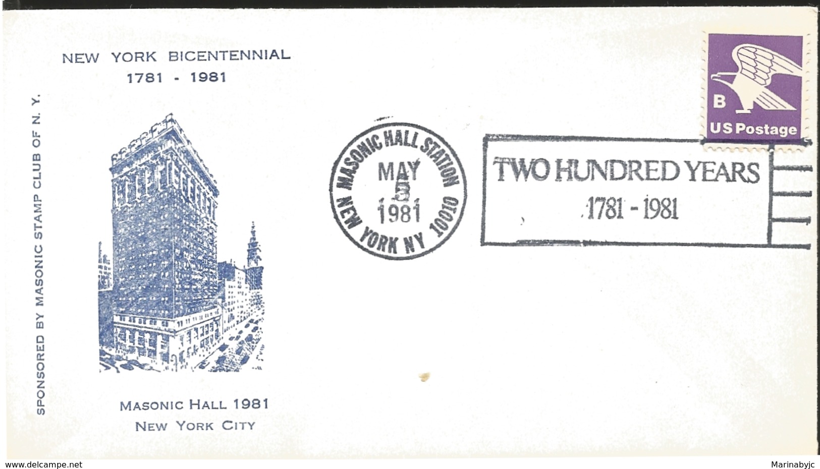 J) 1981 UNITED STATES, MASONIC HALL 1981 NEW YORK CITY, BICENTENNIAL, TWO HUNDRED YEARSH, EAGLE, FDC - Sonstige & Ohne Zuordnung