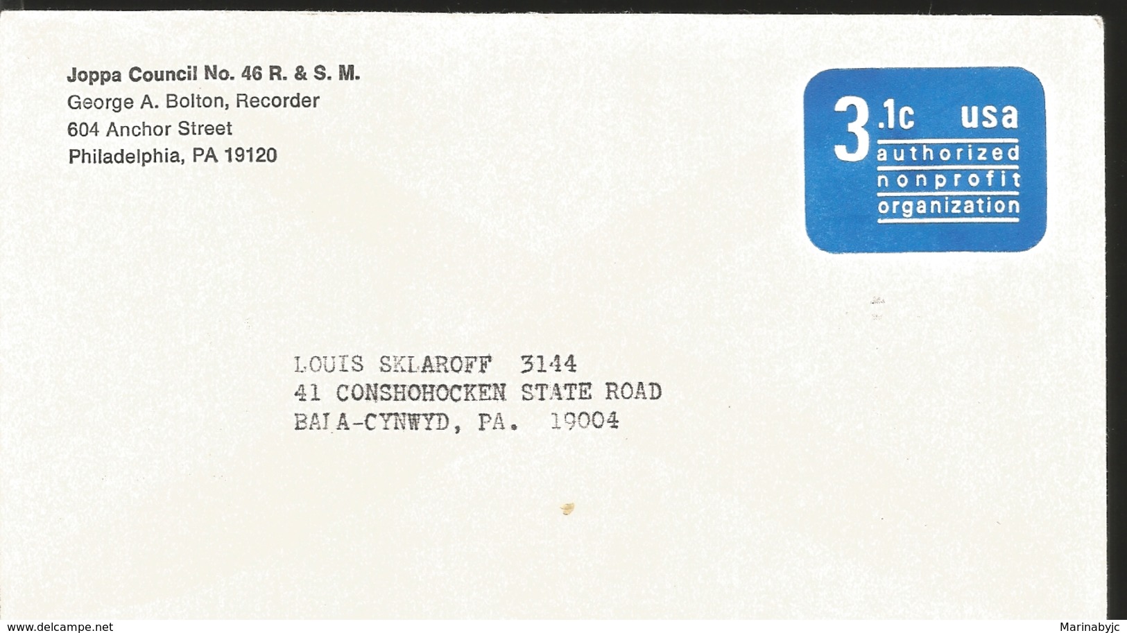 J) 1984 UNITED STATES, JOPPA COUNCIL N°46 R&SM, AUTHORIZED NON PROFIT ORGANIZATION, POSTAL STATIONARY, CIRCULATED COVER, - Andere & Zonder Classificatie