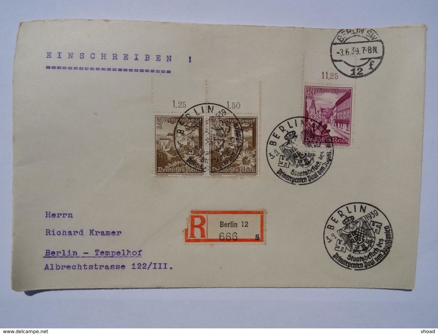 1939 DR Brief Einschreiben Staatsbesuch Prinzregent Paul Von Jugoslawien - Covers & Documents