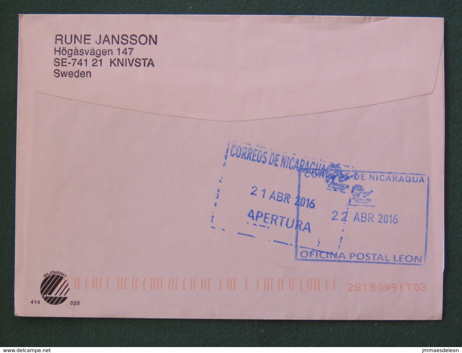 Sweden 2016 Cover To Nicaragua - Food Fruits Legumes - Flower Tuberculosis Christmas Label - Lettres & Documents