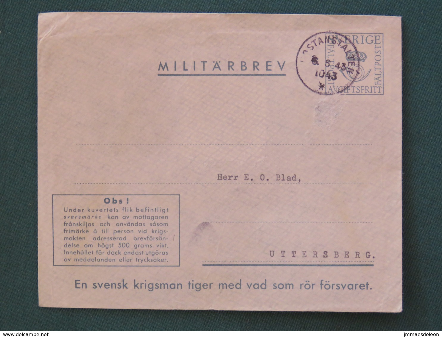 Sweden 1943 Military Army Cover Perhaps Sent From Germany - Militärmarken