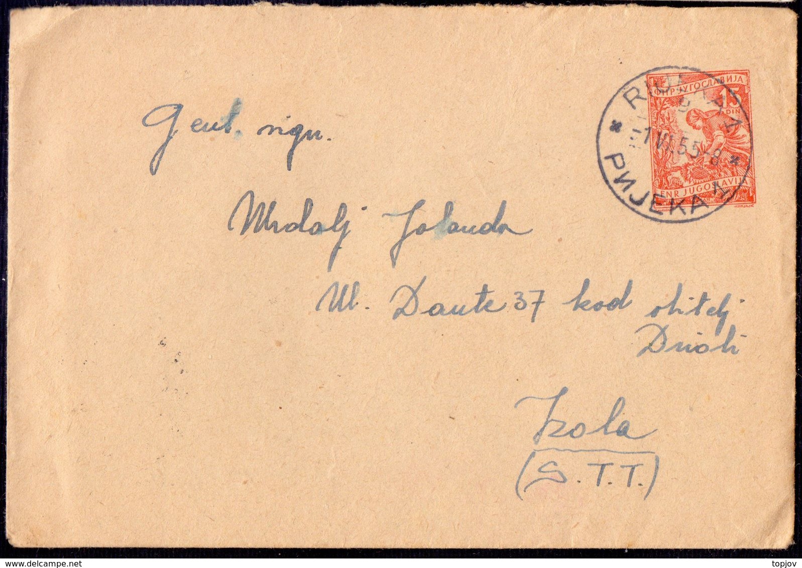 YUGOSLAVIA  - SLOVENIA - STT VUJNA  -  ERROR Postmark - RIJEKA To IZOLA - 1954 - Storia Postale