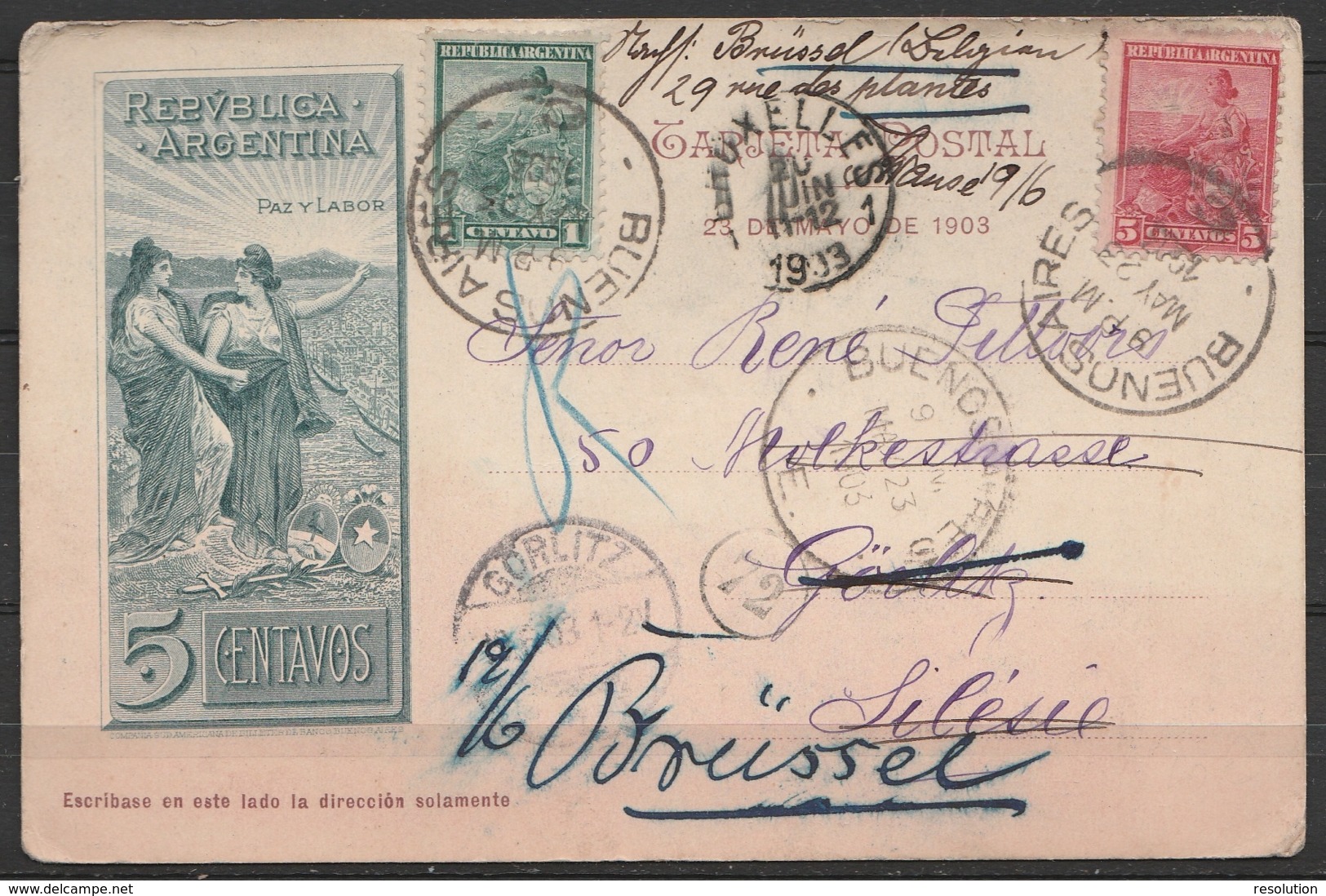 Argentine - CP 5ctv "Punta De Atacama + 4ctv Càd BUENOS AIRES/MAY 23 1933 Pour GÖRLITZ (Silésie) Réexpédiée à BRUXELLES - Lettres & Documents