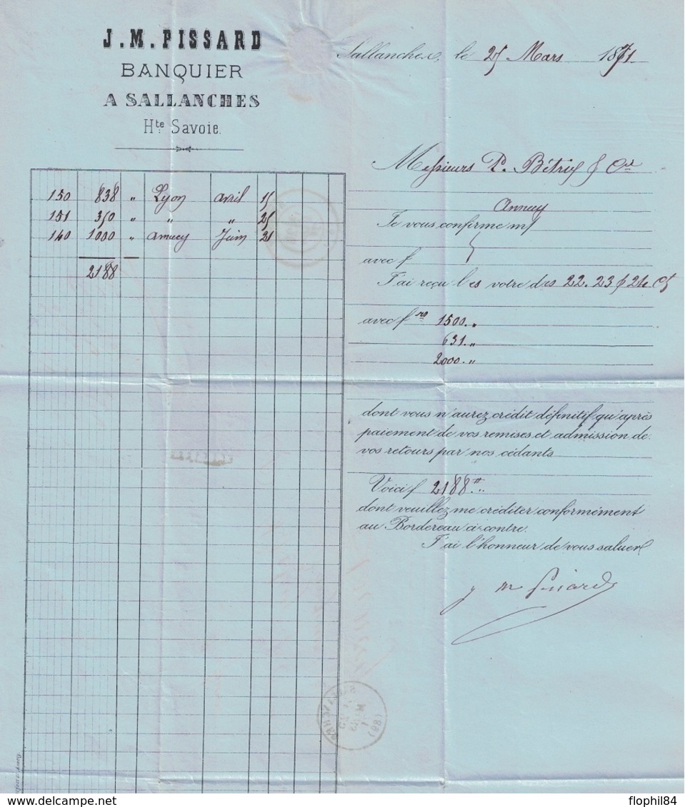 SAVOIE - SALLANCHES - CERES DE BORDEAUX - N°45 OBLITERATION GC3274 - LETTRE ENTETE JM PISSARD BANQUIER - LE 25-3-1871 - 1849-1876: Période Classique