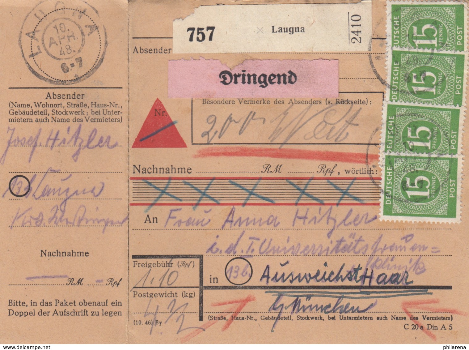 BiZone Paketkarte 1948: Laugna Nach Haar, Dringend, Nachnahme, Wertkarte - Autres & Non Classés