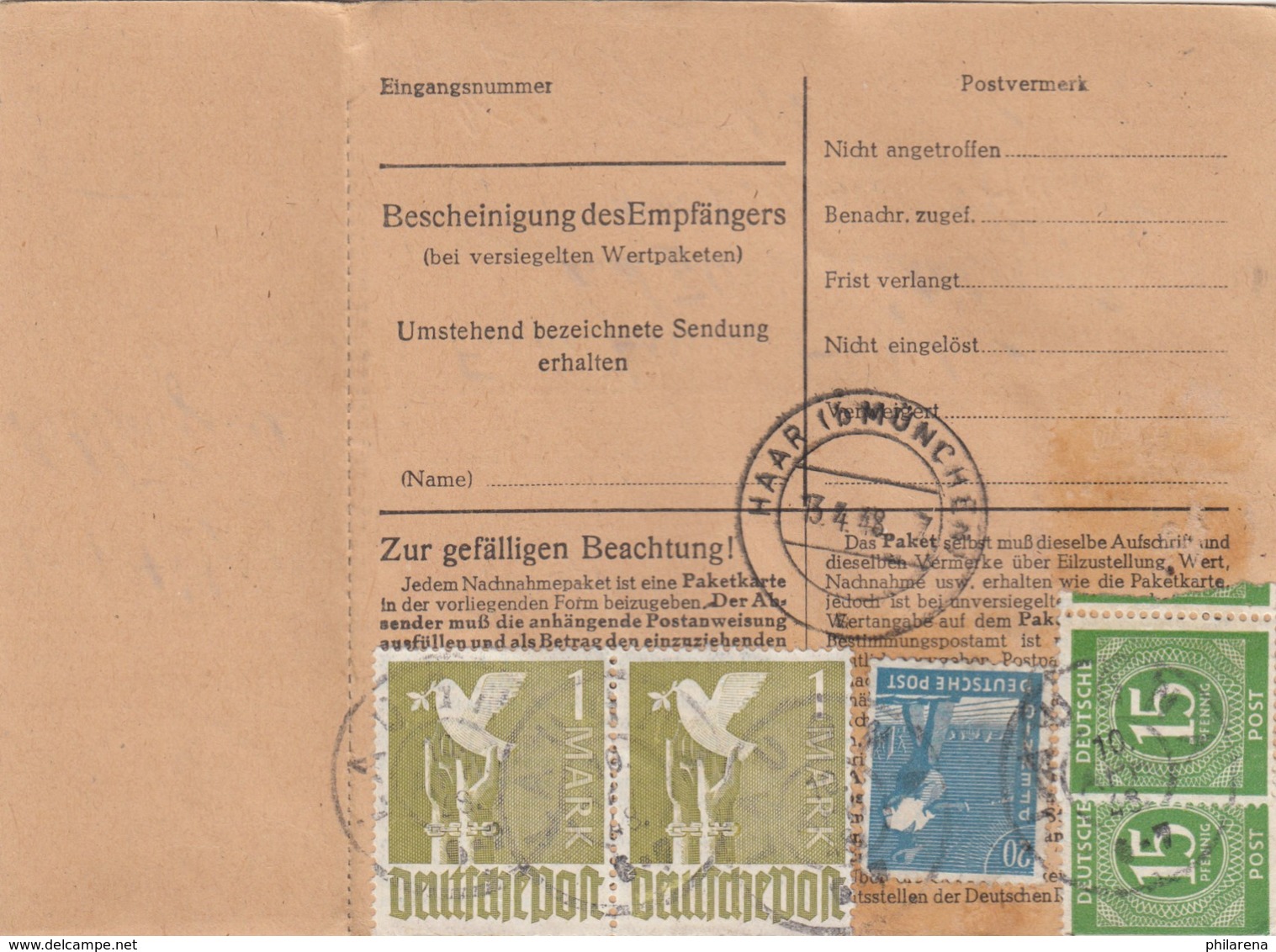 BiZone Paketkarte 1948: Laugna Nach Haar, Dringend, Nachnahme, Wertkarte - Autres & Non Classés