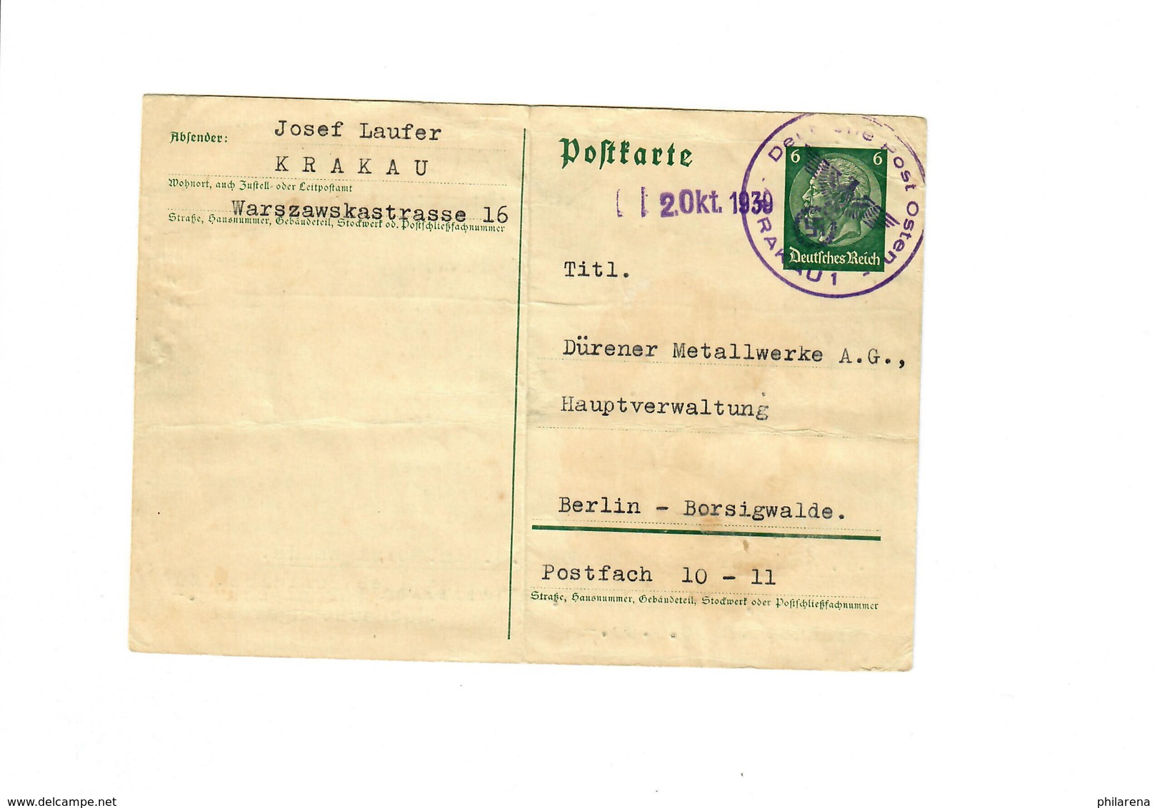 GG: Ganzsache DR P226I Vom 20.10.39, Krakau Nach Berlin - Vorläufer - Occupation 1938-45