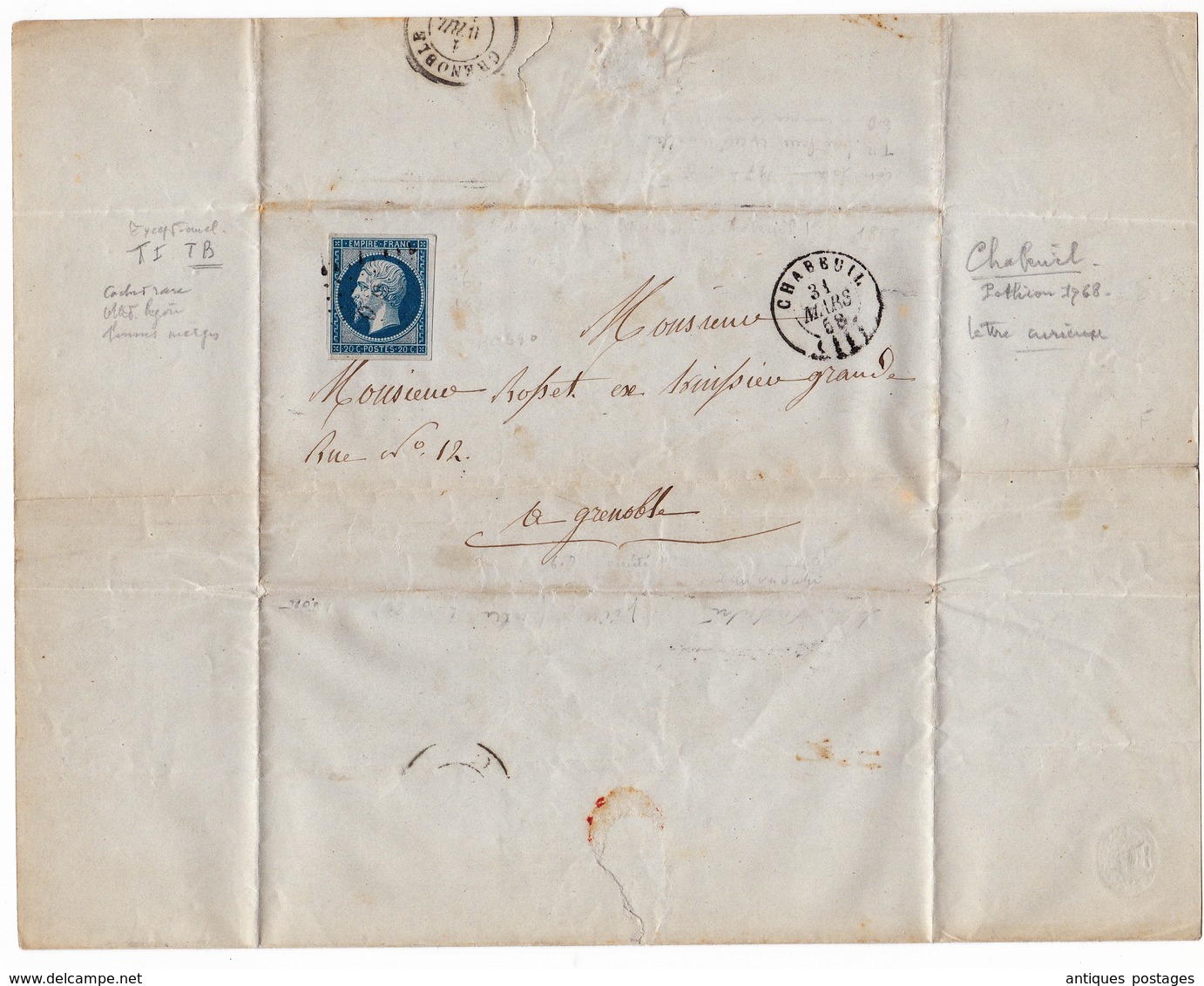 Lettre 1858 Montélier Chabeuil Drôme Grenoble Isère Timbre Napoléon III - 1853-1860 Napoléon III