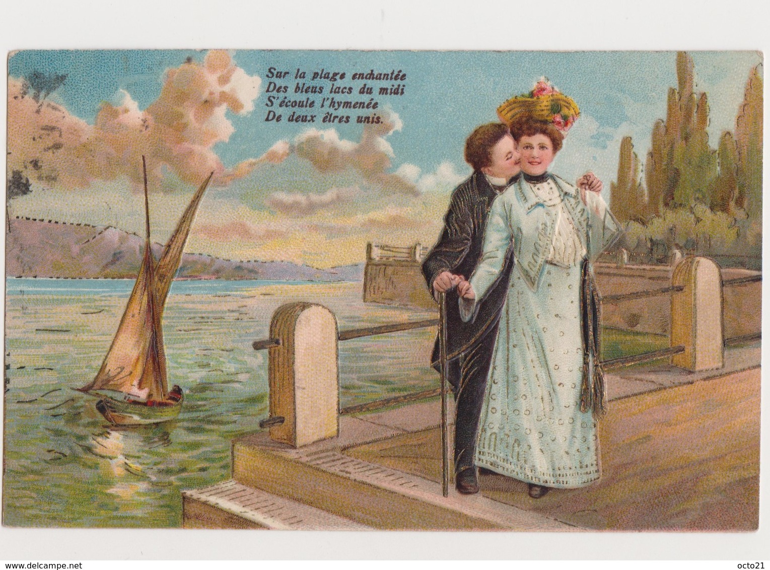 Carte Fantaisie  Gaufrée / Couple Amoureux Au Bord D'un Lac - Paare