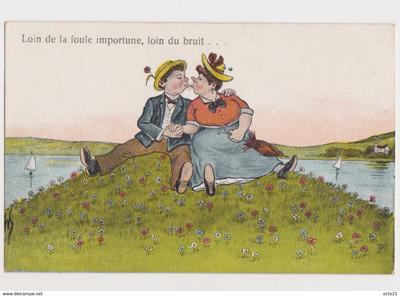 Carte Fantaisie Humoristique  / Couple S'embrassant  "loin De La Foule , Loin Du Bruit " - Couples