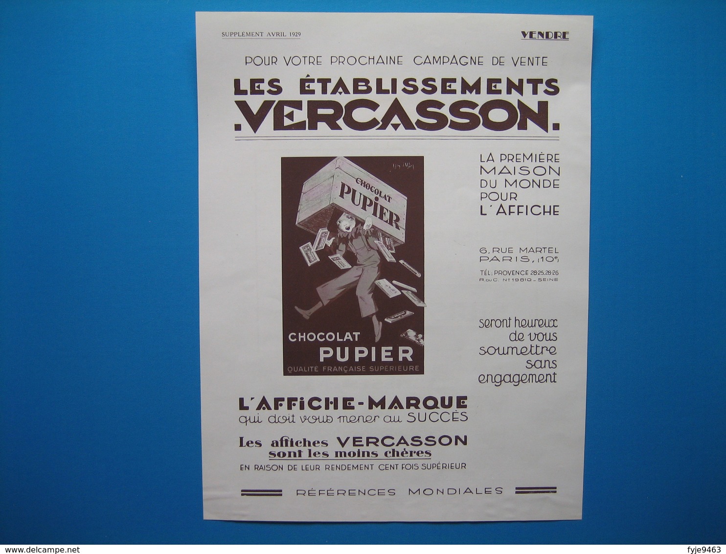 (1929) Éts VERCASSON, La Première Maison Du Monde Pour L'Affiche (Chocolat PUPIER) - Publicidad