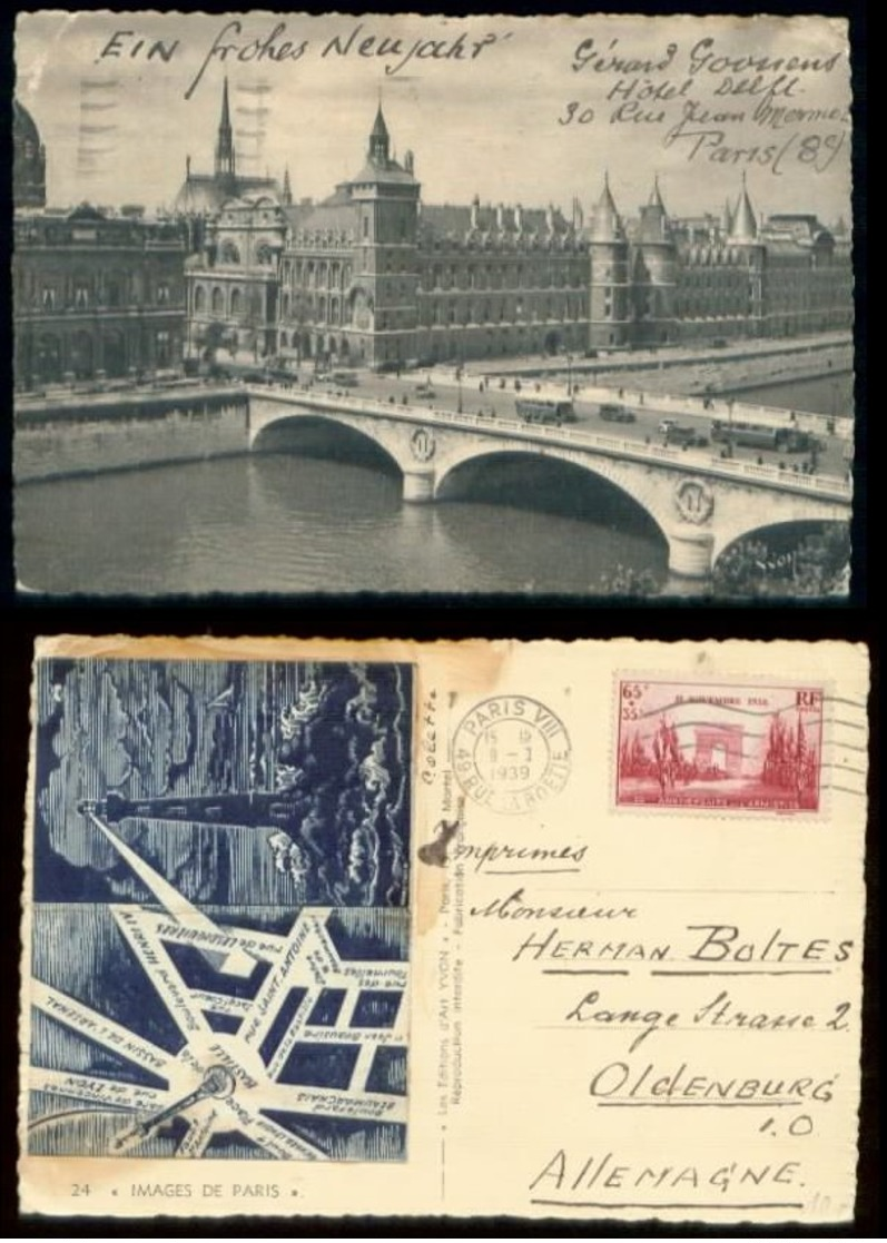 15804 Frankreich AK Paris + Bild Leuchtturm Hotel Delft -  Oldenburg 1939 , Bedarfserhaltung. - Briefe U. Dokumente