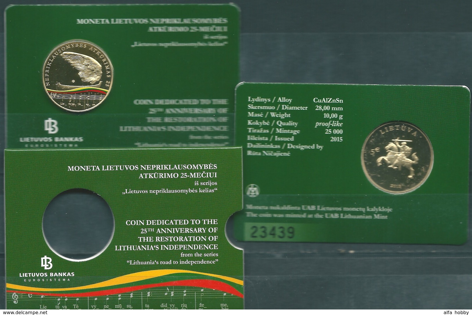 Lithuania, 2015, 25th Anniv. Of Restoration Of Independence, 2015, 5 Euro In Coincard - Lithuania