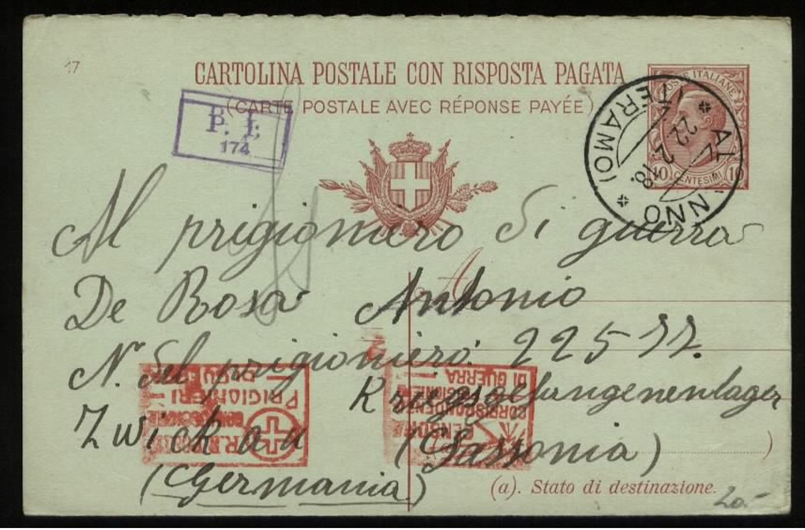 S6847 - Italien Kriegsgefangenen GS Frage Postkarte Mit Zensur:gebraucht Teramo - Zwickau  1918 , Bedarfserhaltung. - Stamped Stationery