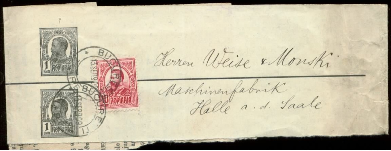 S7344 - Rumänien, GS Streifband + Marke: Gebraucht Bukarest - Halle Saale 1909, Bedarfserhaltung. - Briefe U. Dokumente