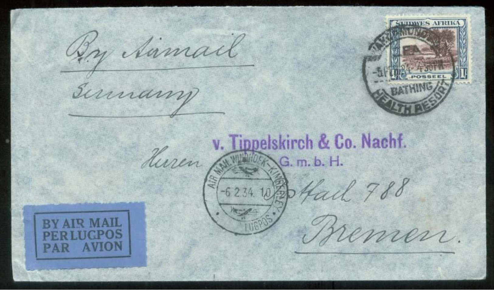 17800 SW Afrika Namibia Luftpost Brief Windhuk - Kimberley , Swakopmund - Bremen 1934, Bedarferhaltung. - Südwestafrika (1923-1990)